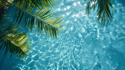 Fototapeta na wymiar top view of swimming pool with palm leaf