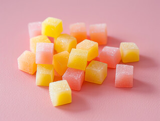 A pile of small cubes of candy on a pink surface.