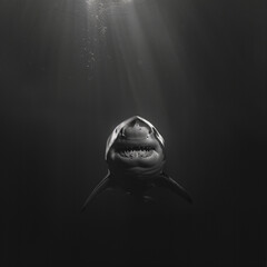 Great White Shark in dark water with light from the sun shining through the water.