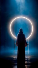 Mysterious figure standing before a glowing circular portal in an enigmatic blue ambiance