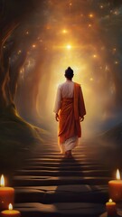Monk ascending stairs towards a radiant portal in a mystical forest with burning candles.