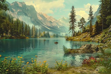 Vintage style sublime wilderness scene, serene lake, forest backdrop, muted tones,  - obrazy, fototapety, plakaty