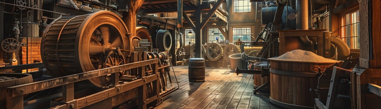 Traditional flour mill in operation, rustic, historical machinery, warm lighting, 