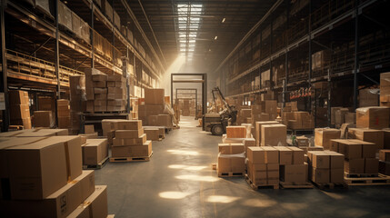 Expansive Warehouse Space: Neatly Arranged Boxes Ready for Delivery