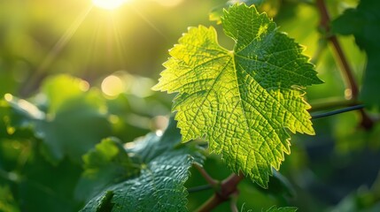 Green grape leaves in sunlight at a close range - obrazy, fototapety, plakaty