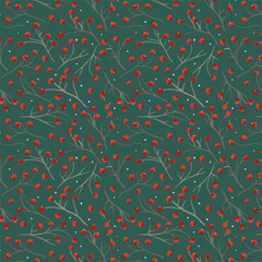 Merry Christmas, Happy New Year seamless pattern with berries for greeting cards, wrapping papers. Seamless winter pattern. Vector illustration