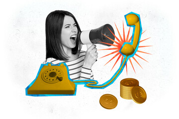 Composite photo collage of angry businesswoman scream telephone handset bullhorn deaf client...