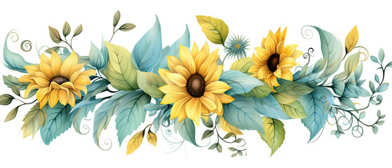 Obraz premium a a bunch of sunflowers with green leaves on a white background