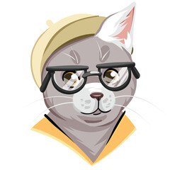 Fashionable cat guy with glasses and a cap, vector portrait on a white background