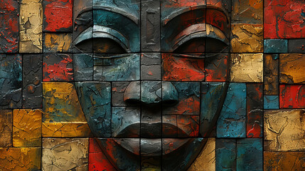 Fototapeta premium Mask, art and African pattern on illustration, abstract and creative design of indigenous icon. Vintage, graphic and wallpaper with color for culture, spiritual sign and texture of tribal face