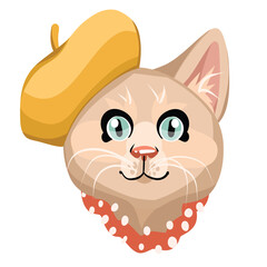 fashionable cat girl in a yellow beret, vector portrait on a white background