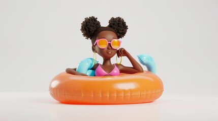 Black Girl ready for pool on white background, style 3D