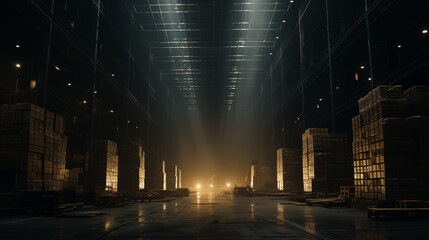 Huge dark industrial warehouse filled with stacked pallets of various goods