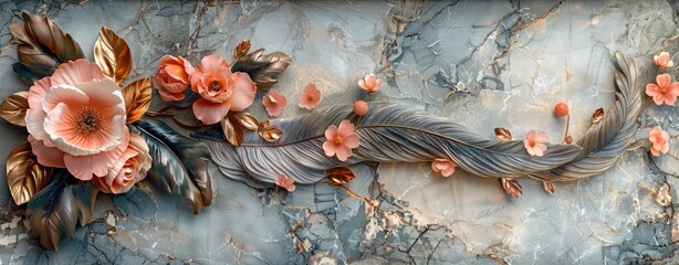 Ornate Magnolia Relief on Textured Marble Wall Art - obrazy, fototapety, plakaty