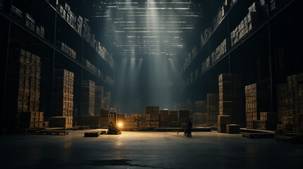 Huge dark industrial warehouse filled with stacked pallets of various goods - obrazy, fototapety, plakaty