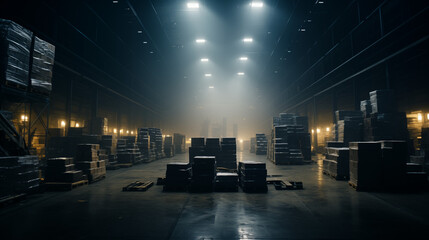 Huge dark industrial warehouse filled with stacked pallets of various goods - obrazy, fototapety, plakaty