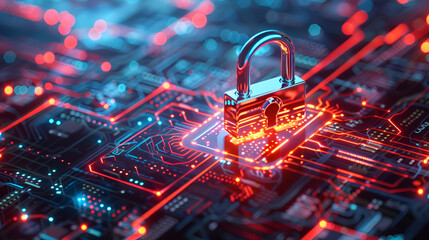 Cybersecurity with a close-up of a computer motherboard and a secure connection concept. This symbolizes digital protection and online security. Wide banner design.
