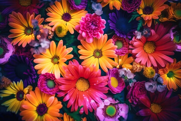 Fototapeta na wymiar Texture of live mixed field multicolored blooming flowers for background, wallpaper. AI generated.