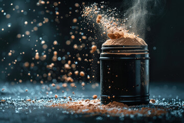 Whey protein powders in explosion on dark background.