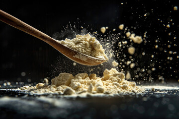 A spoon is scooping up flour from a pile