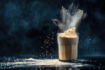 Whey protein powders in explosion on dark background. Health and dietetic concept for fitness athletes.