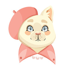 fashionable cat girl with pink beret, vector portrait on white background