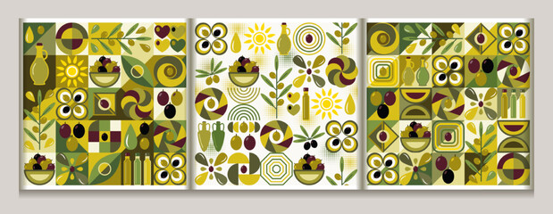Seamless patterns with olive berry icons, abstract block geometric shapes. Flat simple geometric style. For branding, decoration of food package, decorative print for kitchen