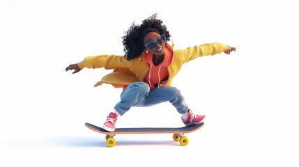 Black girl with skateboard on white background, style 3D