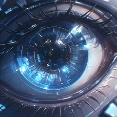 Close-Up of a Futuristic Cyborg Eye with Intricate Circuitry and Vivid Blue Lighting