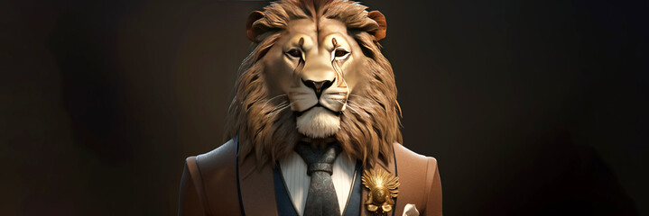 Gentleman, the boss is a formidable lion with a mane in a hat, suit and tie. Banner header. AI generated.