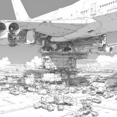 Elevated Aircraft Taxiway Scene with Vehicles and Infrastructure in Detailed Continuous Line Art