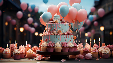 Birthday cupcakes decorated with pink buttercream frosting and balloons - obrazy, fototapety, plakaty