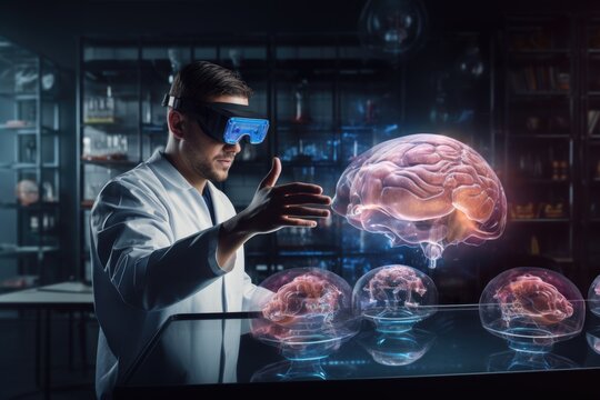 A brain surgeon exploring a holographic brain tumor model in a virtual reality environment, with tools floating around for analysis, 3d illustration