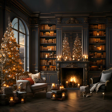 Classic living room interior with Christmas tree and fireplace. 3d render