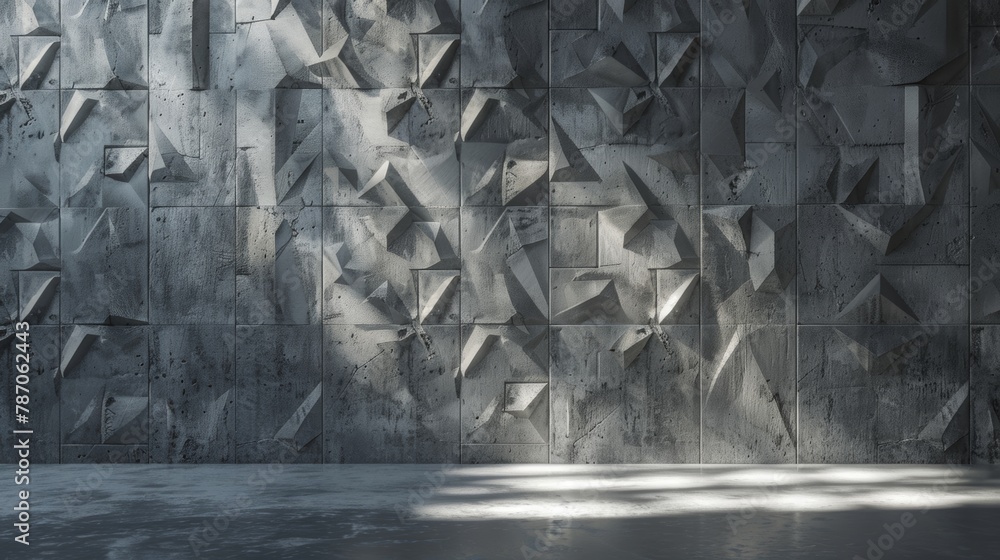 Poster a modern concrete wall with a polished finish and geometric patterns etched into the surface. (play 