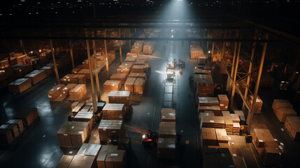 Industrial Warehouse Interior with Stacked Boxes and Pallets
