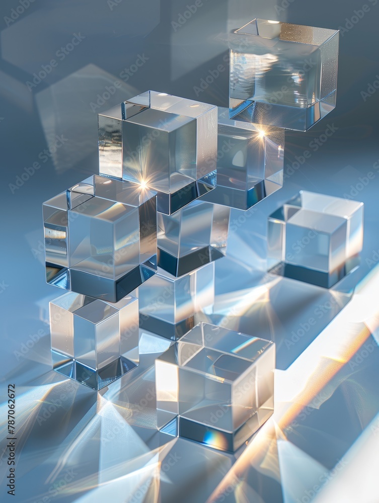 Poster abstract glass cubes with stunning light reflections and prismatic effects, creating a modern and fu