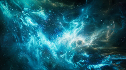 Space fantasy with glowing blue and green particles forming intricate patterns of stars