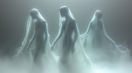 Three ghosts in fog, holding hands, creating eerie atmosphere
