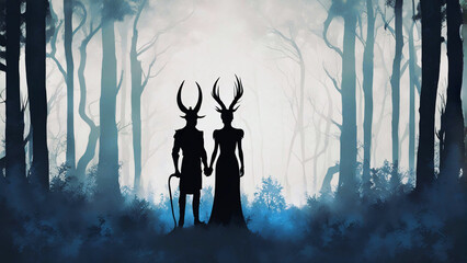 Silhouette of demonic couple with horns in a forest.