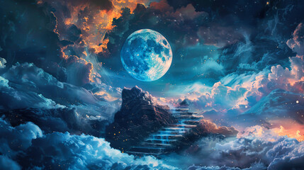 Ethereal dreamy composition of a stairway among the clouds