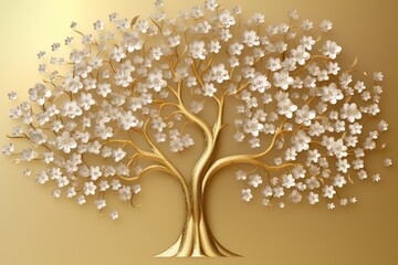 a tree with white flowers and gold leaves.