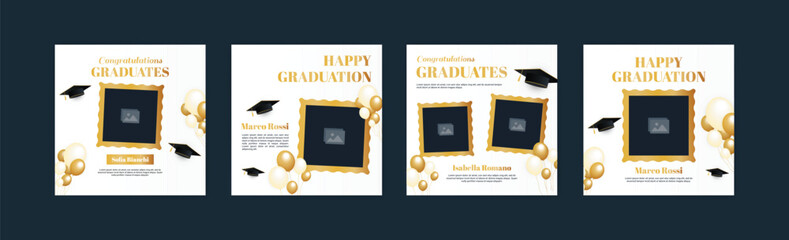 Graduation event greeting banner. Social media post banner for college graduation greetings. Photo booth props frames for graduation parties. School graduation ceremony frames for selfie vector set.