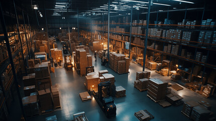 Obraz premium Industrial Warehouse Interior with Stacked Boxes and Pallets