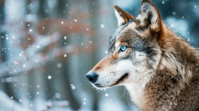 A portrait of a brown and grey wolf with bright blue eyes