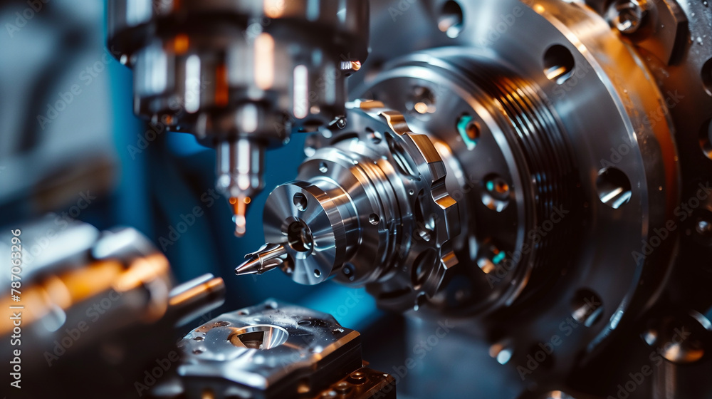 Poster a machine is working on a piece of metal, and it is very shiny. the machine is very precise and has 