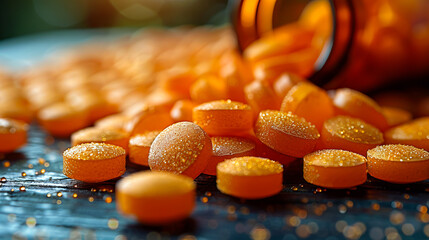 A bottle of orange pills on a table.