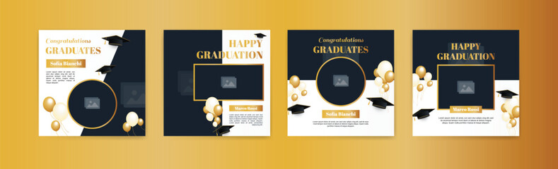 Graduation event greeting banner. Social media post banner for college graduation greetings. Photo booth props frames for graduation parties. School graduation ceremony frames for selfie vector set.