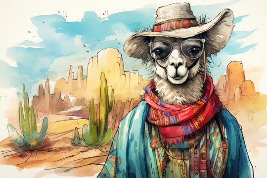 A llama is depicted in a drawing wearing a hat and scarf. The llamas outfit includes a colorful poncho, enhancing its fashionable look