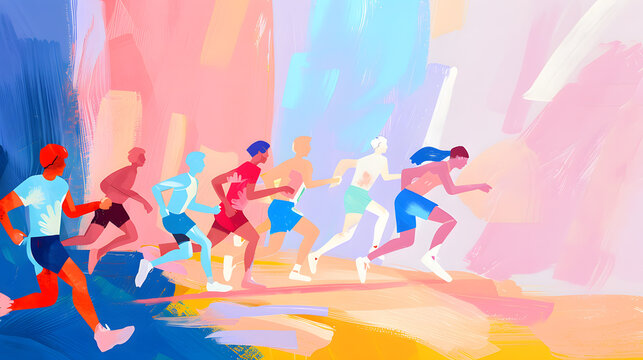 Sport speed marathon watercolor illustration. People team run, running in rush to goals